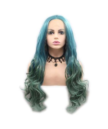 SHIYID Heat Resistant Body Wave Hair For Women Green Blue Two Tones Colors Synthetic Lace Front Wigs Middle Parting