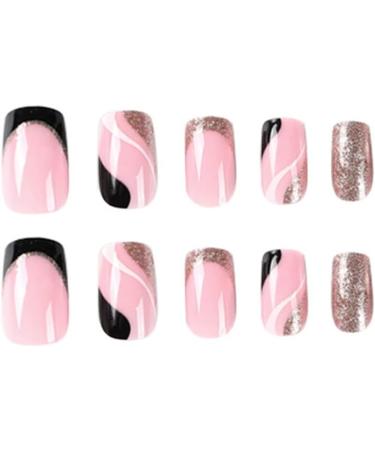 24pcs Short Square French Tip False Nails Pink & Glitter Gold Stick on Nails - Nail Art Accessories for Women and Girls - Buy Online on GoSupps.com