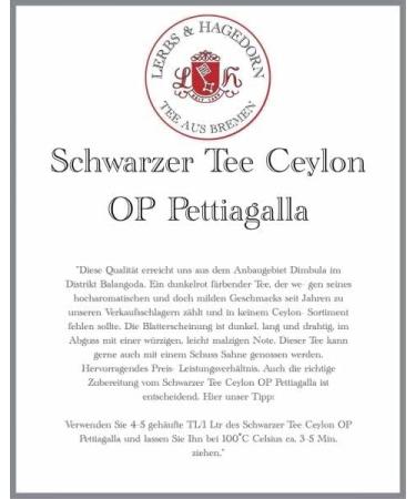 Lerbs Hagedorn Lerbs & Hagedorn Black tea Ceylon OP Pettiagalla Spicy slightly malty 1kg approx 81 liters Orange Pekoe - Buy Online on GoSupps.com