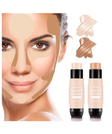 2Pcs Cream Contour Highlight Stick Set with Built-In Blending Brush - Long Lasting and Smooth Finish - Face Makeup Highlight & Contour Duo - Buy Online on GoSupps.com