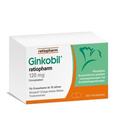 Ginkobil Ratiopharm 120 mg film -coated tablets strengthen memory and concentration performance* with the extract from Ginkgo Biloba 200 film -coated tablets 200 pieces (1 Pack)