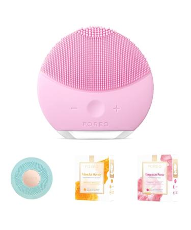 FOREO Luna Mini 2 Silicone Facial Cleansing Brush + UFO Mini 2 Spa-Level Power Mask Device for an Accelerated Facial Treatment + Manuka Honey UFO-Activated mask + Bulgarian Rose UFO-Activated Mask Pearl Pink/Mint