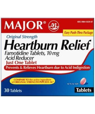 MAJOR HEARTBURN RELIEF TABS FAMOTIDINE-10 MG Pink 30 TABLETS UPC 309045529874