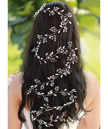 Fanvoes Silver Pearl Wedding Hair Vine Headband with Rhinestone Crystal Ivory Bead - 40'' Inch - Bridal Hair Accessories - Buy Online on GoSupps.com