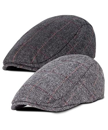 2 Pack Newsboy Hats for Men Classic Herringbone Tweed Wool Blend Flat Cap Ivy Cabbie Driving Hat A-plaid Black/Grey 2 Pack Flat
