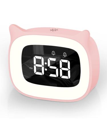 Aoreun alarm clock digital children dual alarm clock with light digital cute cats children's alarm lamp snooze function 18 music 5 brightness mode time -controlled night light alarm clock - pink