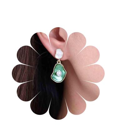 Vintage Lotus leaf Pearl Drop Earrings Green Lotus Leaf Earrings Green Enamel Flower Earrings Gold Irregular Pearl Earrings Jewelry for Women