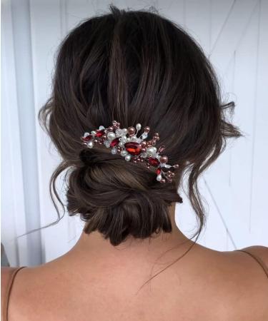 Edary Bride Wedding Hair Comb Red Crystal Headpiece Pearl Wedding Side Comb Leaf Bridal Hair Accessories for Women and Girls - Buy Online on GoSupps.com