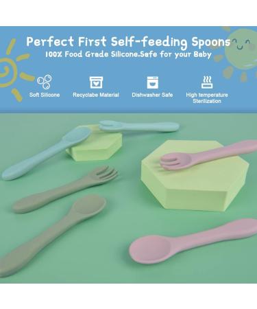 Vicloon Baby Fork and Spoon Set - 6 Pcs Silicone Self-Feeding Weaning Spoons Forks for Kids, Toddlers, Children, and Infants - Blue/Pink/Gray - Buy Online on GoSupps.com