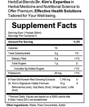 Korean Red Ginseng Prime Liquid Extract - 11mg Ginsenosides, 6-Year-Old Panax Red Ginseng for Energy & Immune Support - Dr. Kim Formulated, No Added Sugar, Vegan - 5 Pouches (30 mL Each) 1 Count (Pack of 5) - Buy Online on GoSupps.com