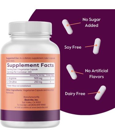 BESTVITE L-Arginine L-Citrulline 500mg / 250mg Vegan (240 Vegetarian Capsules) - No Stearates - No Dicalcium Phosphate - Non GMO - Gluten Free - Buy Online on GoSupps.com