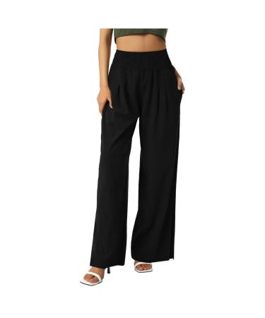 ZCVBOCZ Linen Pants for Women Summer Casual High Waisted Wide Leg Palazzo Pants Baggy Lounge Beach Trouses with Pockets Medium 03black