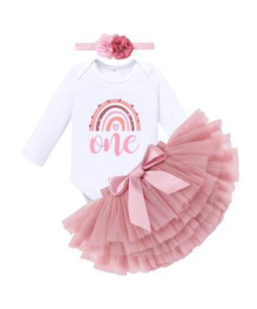 FYMNSI Boho Rainbow First Birthday Outfit for Baby Girl Cake Smash Photo Shooting Romper Tutu Skirt Headwear 3pcs Set 1 Year Dusty Pink Long Sleeve