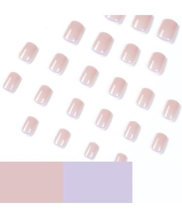 24Pcs French Short Square False Nails - Nude Pink Purple Line Glossy Press on Nails - Full Cover Acrylic Stick on Nails for Women - Buy Online on GoSupps.com