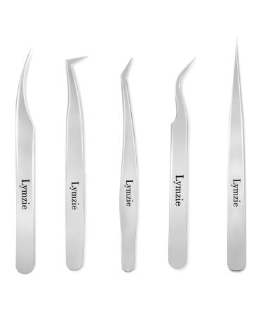 Eyelash Extension Tweezers Set, 5PCS for Volume Lash Extension and Easy Fans, Stainless Steel Lash Extension Tweezers 5PCS Silver