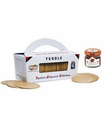 Valdostane artisan biscuits 300g pack + 28g jar of Alpenzu hazelnut and cocoa cream. The traditional mountain biscuit