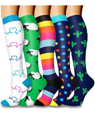5 Pairs Copper Compression Socks for Women & Men Circulation 20-30mmHg - Best Support for Running Athletics Nursing Travel 01 Green/White/Blue/Sheep Small-Medium