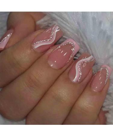 Foccna Coffin French Press on Nails Fake Nails Pink Swirls Cute Women's False Nails Medium LongDaily Artificail Nails for Women and Girls-24Pcs