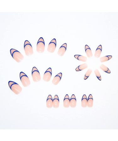 24Pcs Short Blue Line Almond Press on Nails - Glossy Geometric French Tips for Women - Buy Online on GoSupps.com