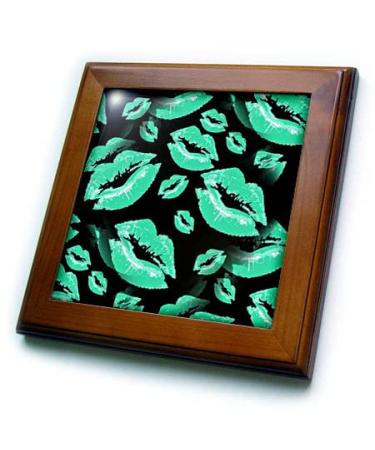 3dRose 8x8 Framed Tile - Two Kisses Collided Lip Affectionate Aqua Colored Lips Pattern Pattern - Lipstick Kisses