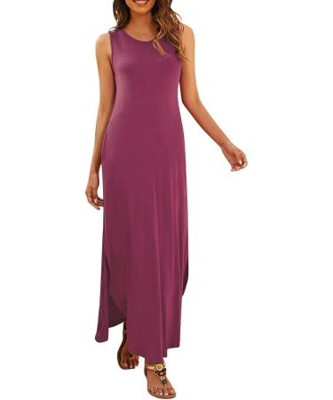 Women's Casual Summer Sleeveless Dress Loose Split Maxi Dresses with Pockets Beach Split Dresses T-Shirt Dress Wine X-Large - Buy Online on GoSupps.com