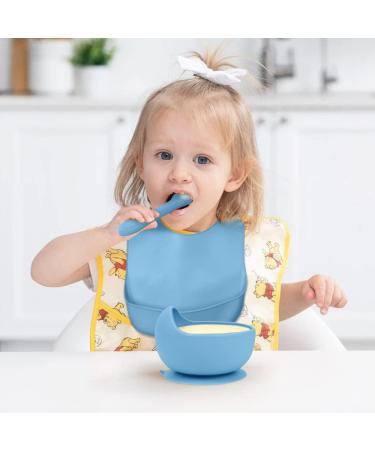 Vicloon Silicone Baby Feeding Set - 4Pcs Weaning Set with Suction Plate, Bib, Spoon & Fork | BPA-Free Toddler & Kids Bowl Set - Blue - Buy Online on GoSupps.com