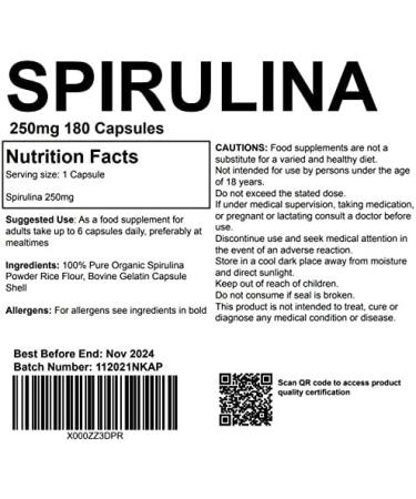 Spirulina 250mg 180 Capsules - UK Made | Pharmaceutical Grade Supplement - Buy Online on GoSupps.com