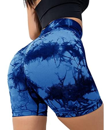 SEASUM Women Seamless Yoga Shorts Workout High Waisted Butt Contour Tummy Control #1 Smile Tyedye Darkblue Large