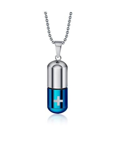 HooAMI Cremation Jewelry Mens Stainless Steel Pill Cross Necklace Pendant,Blue Silver