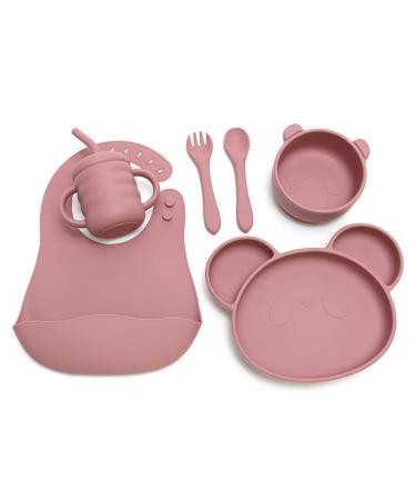 Kadazzel Baby Led Weaning Supply - 6 Piece Baby Feeding Set - including Silicone Suction Plate and Bowl  Baby Utensils Sippy Cup  Soft Straw and Bib Pink