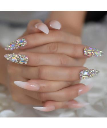 Luxury Extra Long Ombre French Designer Fake Nails with AB Stones Decoration - Stiletto Shape | Pre-designed Natural Tips with Crystal Jewelry - Ombre Luxe - Buy Online on GoSupps.com