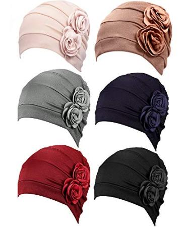 6 Pieces Women Turban Flower Caps Vintage Beanie Headscarf Elastic Headwrap Hat Chic Colors