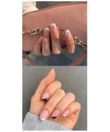 JUSTOTRY 48 Pcs Geometric Square Short False Nails White and Black French Tip Press on Nails Pattern Nude Fake Nails Medium with Nail Glue Stick on Nails for Women SquovalGlue on Nails for Nails Art white&nude48 4