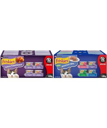 Purina Friskies Turkey Experience Wet Cat Food Super Pack 32 x 156g Cans Brown (44338) & Greatest Hits Wet Cat Food Pate Variety Pack 4 Flavours - 156 g Can (32 Pack)