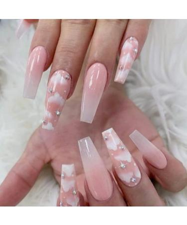 24PCS Gradient Pink Cloud False Nails Full Cover Long Coffin Press on Nails with Rhinestones Design Nails Tips for Party Prom and Women Style C