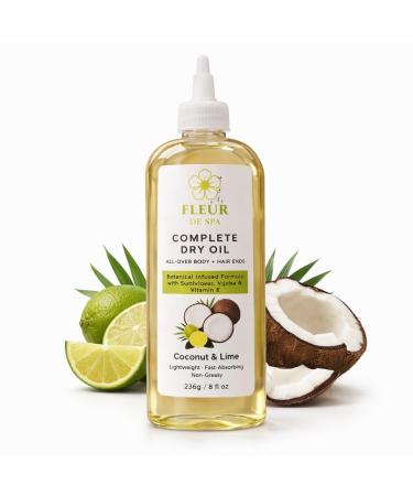 fleur de spa Complete Dry Oil Coconut & Lime | Lightweight Fast-Absorbing Body & Hair Oil | Non-Greasy Botanical Hydration with Sunflower Jojoba & Vitamin E | 8 fl oz
