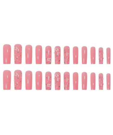 Justotry 24-Piece Floral Coffin Nails Set - Pink French Press-On Nails with Rhinestones & Pearls - Artificial Ballerina Fake Nails for Women - Buy Online on GoSupps.com
