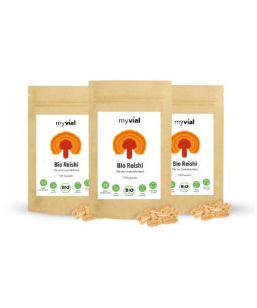 Myvial Bio Reishi capsules 120 pieces vegan 60 days supply 400mg per capsule - natural Reishi mushroom 100% vegetable plastic -free - ganoderma lucidum shiny paint porling 120 pieces (3 Pack)