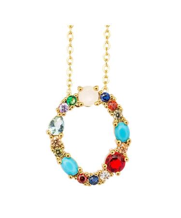MarryLee Women's Initial Colorful Rhinestones A-Z 26 English Letters Necklace Diamond Zircon Pendant (O)