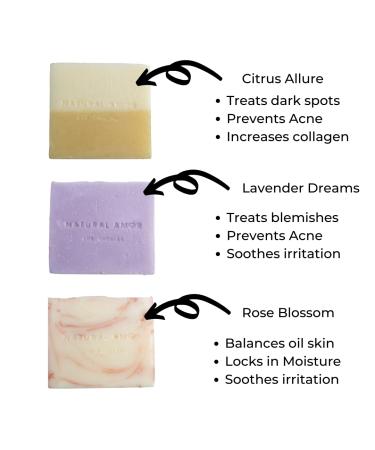 Natural Amor Handmade Soap Bar Variety 3 Pack - Rose Lavender Citrus Scented Gift Set for Women, Vegan, 3.5 oz each - Buy Online on GoSupps.com