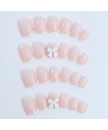 Pink Press-On Nails | Short Square Fake Nails | White French Tip Full Cover | Glossy Nude Pink | 24 Pcs for Women & Girls - Buy Online on GoSupps.com