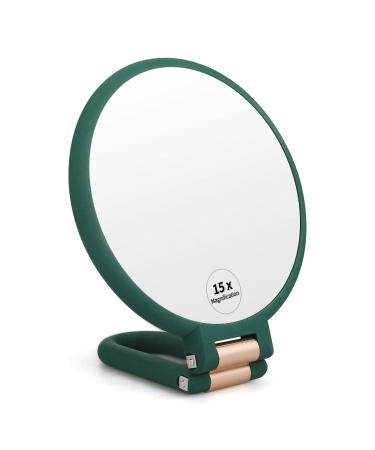 FUHUIM 1x 15x Magnifying Handheld Mirror, Double Sided Pedestal Magnification and True Image Makeup Mirror, Compact Size and Portable Vanity Cosmetic Mirror for Girl, 9.3" L x 1.9" W(Army Green)