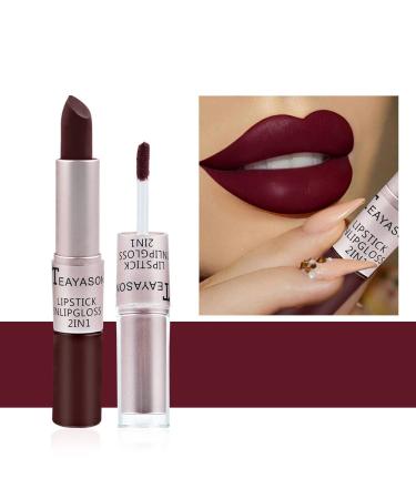 Hikaka 2 in 1 Matte Velvet Satin Lipstick & Gloss Set Double Headed Matte Finish Non-stick Cup No Fade Nude Color Long Lasting Waterproof Lip Gloss (B)