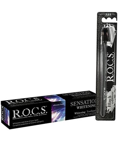 R.O.C.S.Sensation whitening dental care set: toothpaste sensational brightening for adults 74 g tube + black edition toothbrush black