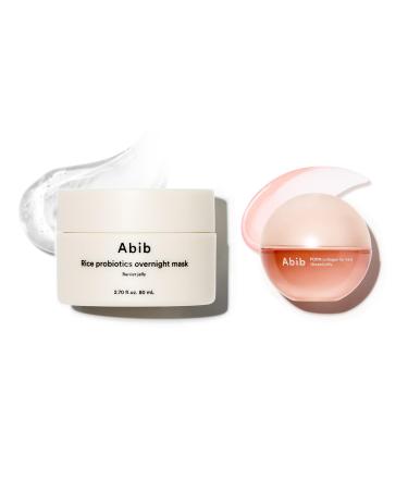 Abib Overnight Jelly Glow Duo: PDRN Collagen Lip Mask Glazed Jelly 0.38 fl oz & Rice Probiotics Overnight Mask Barrier Jelly 2.7 fl oz