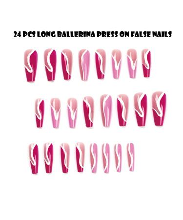 PUSCOBSY Coffin Press on Nails - Pink Glossy with White Stripes (24PCS) - Long Ballerina False Nails for Women and Girls - Buy Online on GoSupps.com