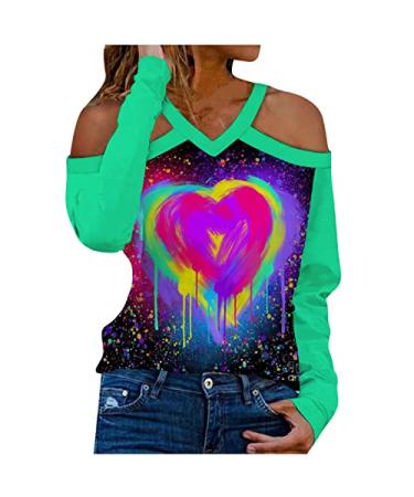 Sparkly Tops for Women Valentine Love Heart Print Sweatshirt Pullover Long Sleeve V Neck Off Shoulder T Shirts Tops Medium Green