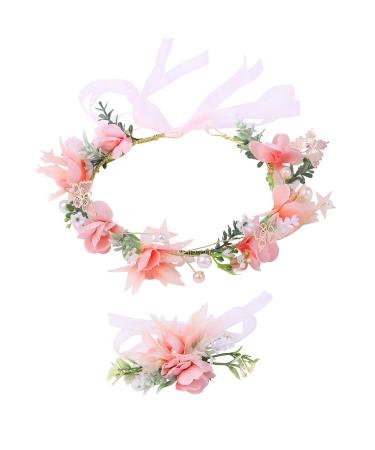 IYOU Wedding Flower Headband Set Pink Floral Crown Hair Wreath Pearl Bride Bridesmaid Hair Accessories with Wristband for Women and Girls