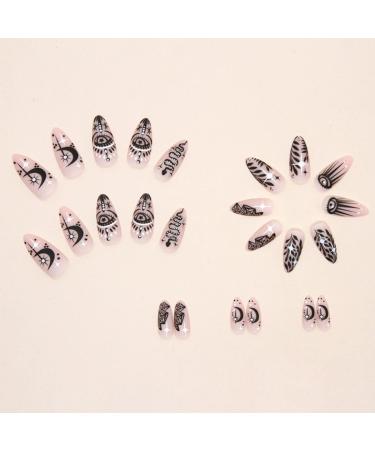 Justotry 24 Pcs Snake and Star Pattern Black French Press on False Nails - Medium Almond Shape with Nail Glue | Stick on Fake Nails for Women Nail Art - Buy Online on GoSupps.com