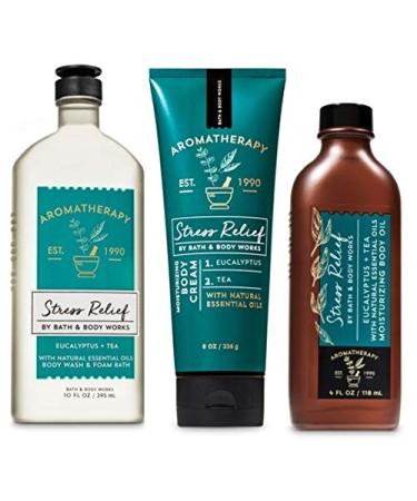 Bath and Body Works Aromatherapy STRESS RELIEF EUCALYPTUS TEA Trio Gift Set - Moisturizing Body Oil 4 oz  Shower Gel Foam Bath 10 oz and Body Cream 8 oz